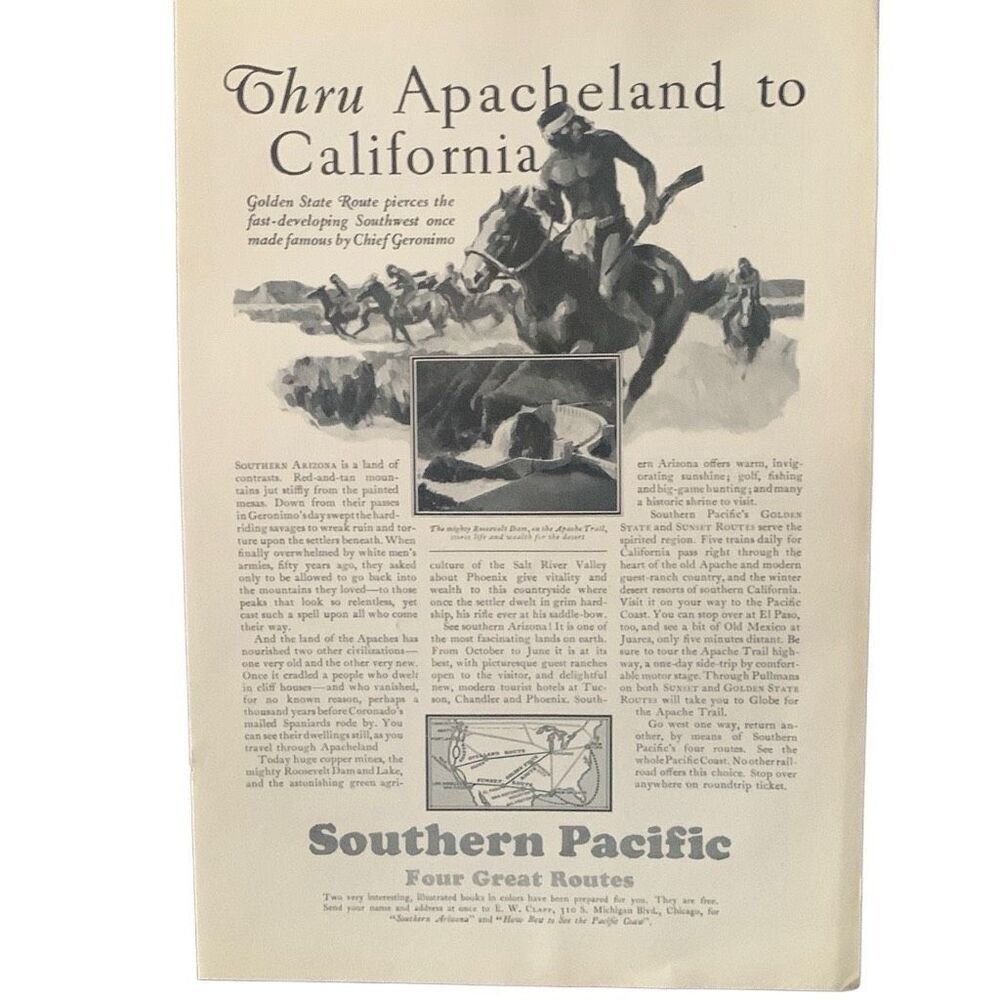 Vintage 1929 Southern Pacific Apache Land to California Ad Advertisement